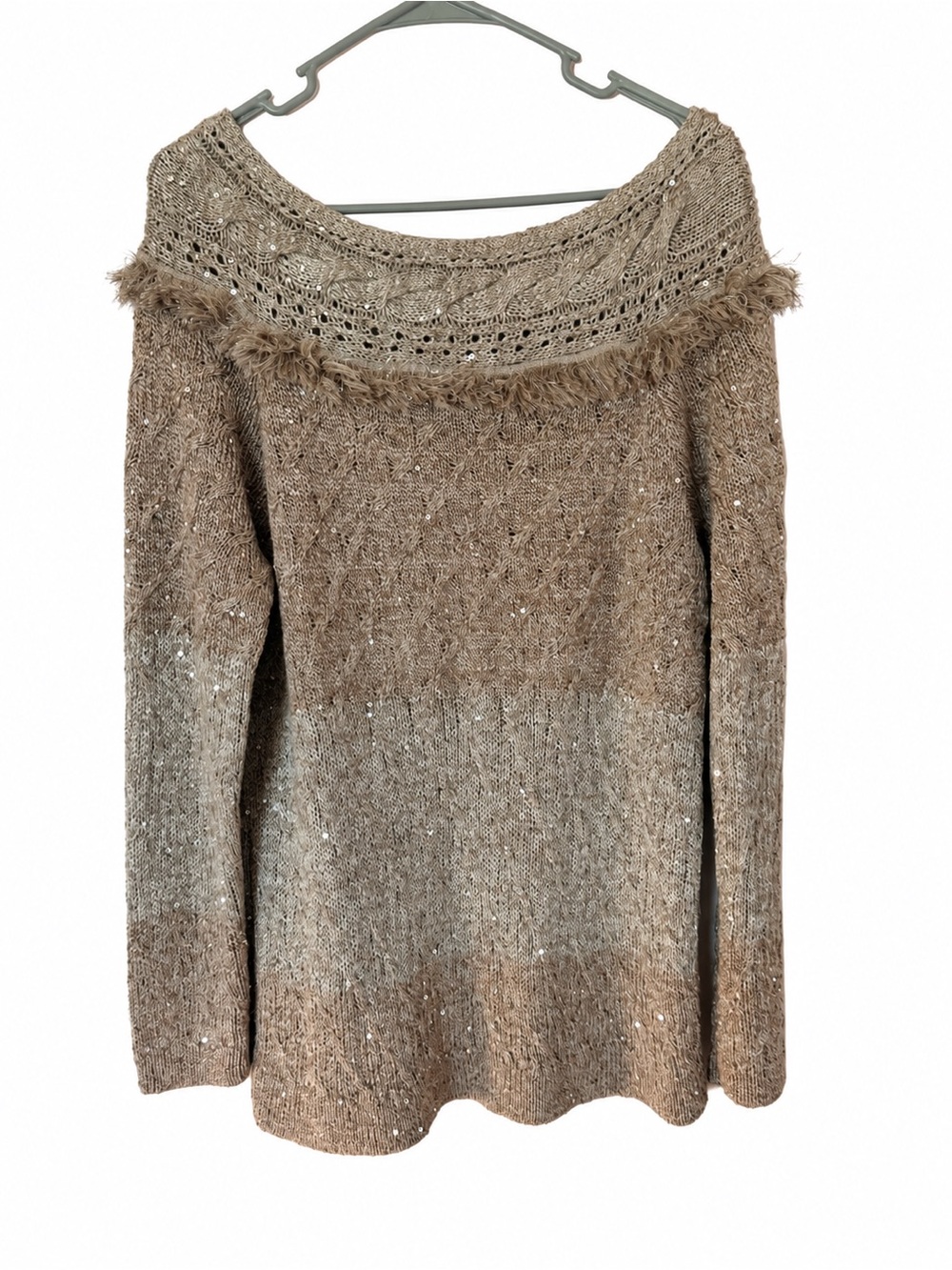 White House Black Market Taupe Ombre Off-Shoulder Sweater with Feather Trim